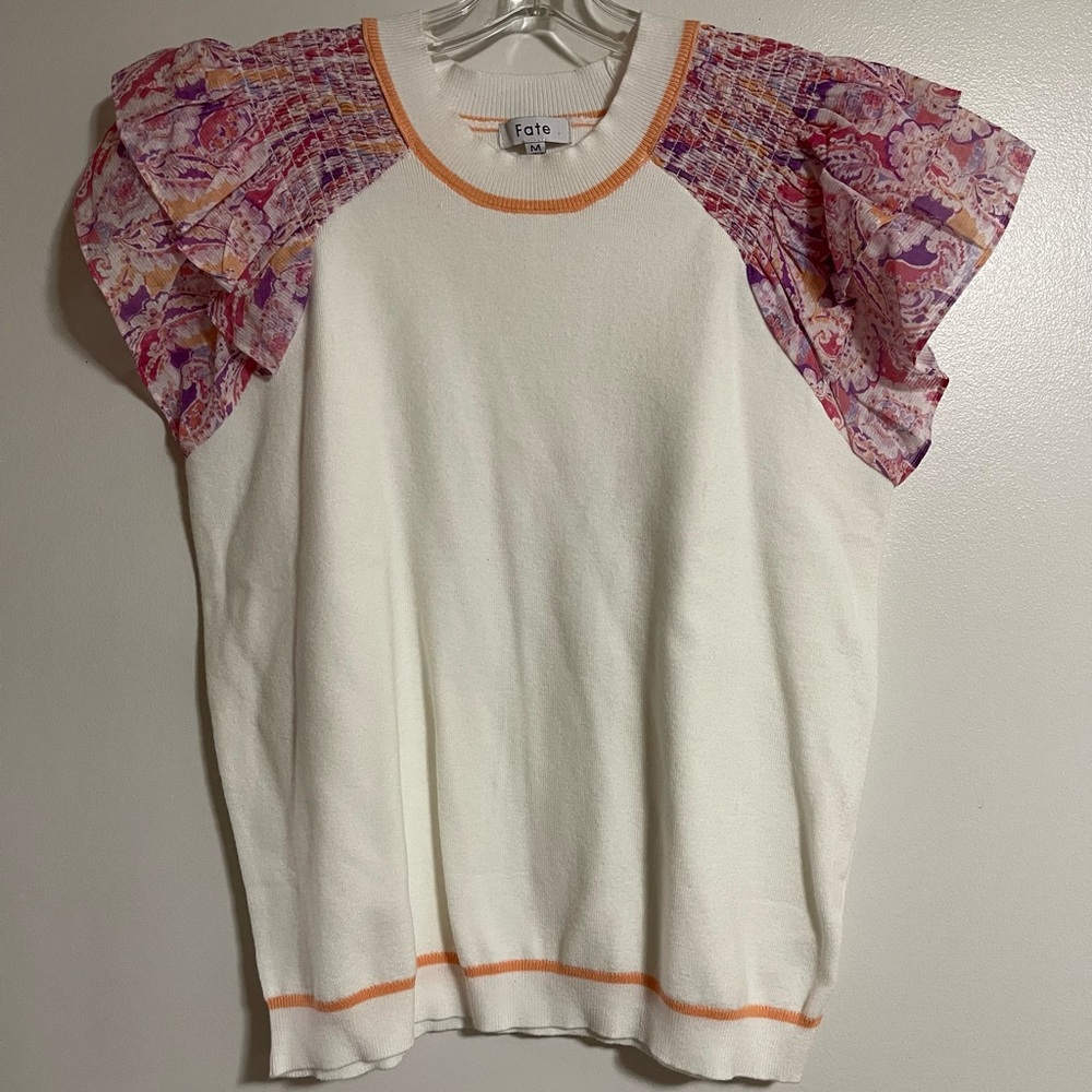 Fate Women's White knit Top with Pink Floral Sleeves M